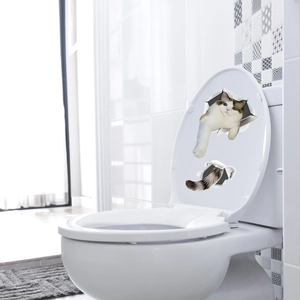 Realistic 3D cute cat toilet lid sticker with a waterproof PVC creative hole design