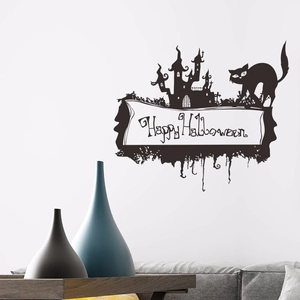 Adesivo murale di Halloween con castello nero e gatto su parete bianca decorativa