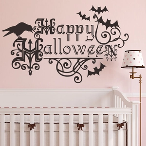 Detail von Happy Halloween Raben Wandaufklebern mit Fledermäusen auf rosa Wand
