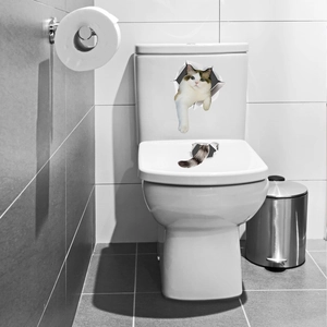 3D realistic Ragdoll cat wall sticker with hole effect on a modern white toilet tank