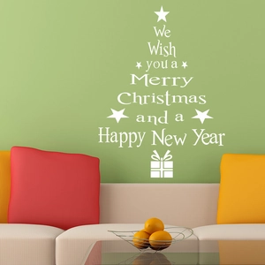 Abstract white Christmas tree wall decal with festive wishes for living room decor