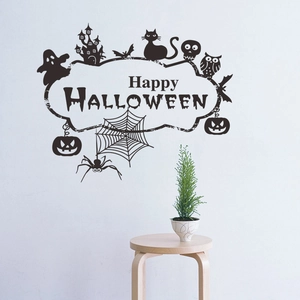 Happy Halloween wall decals set featuring bats, ghosts, and castle silhouette for home decor