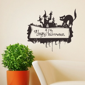 Adesivo murale Halloween con gatto nero e sagoma di castello per decorazioni domestiche