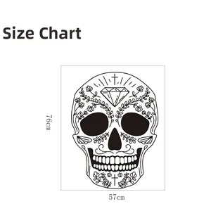 Size chart for skull wall sticker with diamond and floral motifs measuring 76cm by 57cm