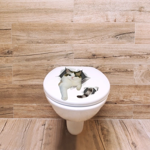 3D cartoon cat sticker detail showing a realistic ragdoll cat peeping from a toilet lid