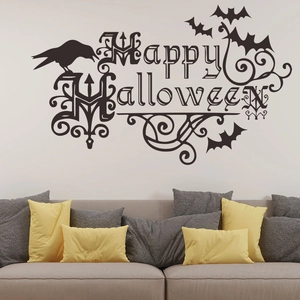 Halloween Krähe und Fledermaus Wandtattoo mit Schriftzug für Wohnzimmer Dekoration