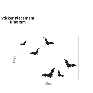 Detailed view of 6 black PVC bat wall stickers with dimensions 60cm x 43cm