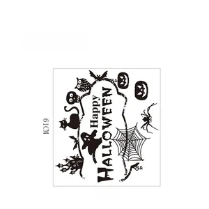 Detailed 57x61cm layout of Halloween wall stickers with bat, pumpkin, and ghost motifs