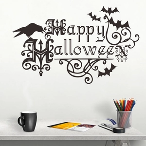 Halloween Krähe Und Fledermäuse Wandaufkleber PVC Abnehmbar Happy Halloween Gotisch Kunst Aufkleber Für Wohnzimmer Schlafzimmer Schwarz Dekoration