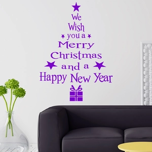 Purple Christmas tree wall decal with festive quotes for modern living room decor
