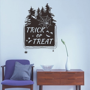 Halloween Trick or Treat wall decal with bats and spider web silhouette for home decor