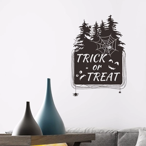 Halloween black wall decal featuring trees bats spiders and Trick or Treat sign decor