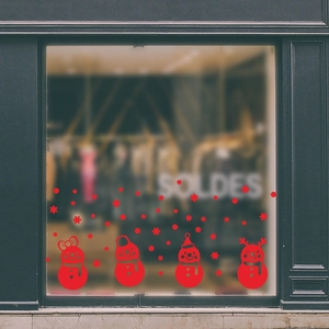 Red Christmas window stickers featuring cartoon snowmen and snowflakes for shop display