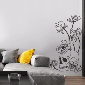 Halloween skull and floral wall sticker decor for living room with modern home background