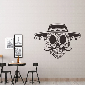 Halloween Mexican sugar skull wall decal with sombrero and mustache for living room decor