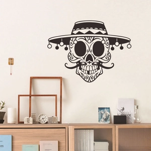 Halloween Mexican sugar skull wall sticker with sombrero hat and traditional patterns