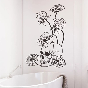 Minimalist black skull and poppy flower line art wall decal for home bathroom decor