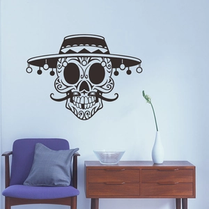 Detail of creative Halloween sugar skull wall decal with sombrero in home living room decor