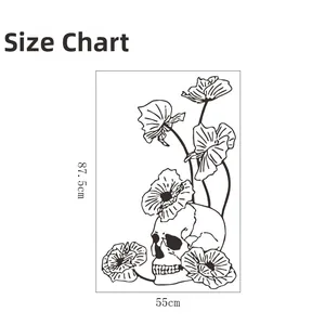 Detailed dimension layout of skull and floral wall sticker measuring 87.5cm by 55cm