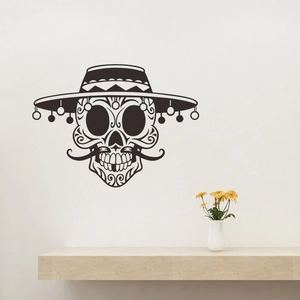 Creative Halloween sugar skull wall decal with sombrero for living room decoration