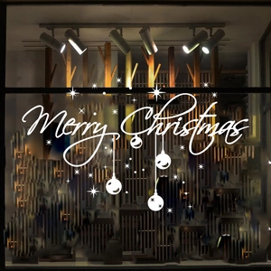 White Merry Christmas window sticker with hanging ornaments and stars for glass decoration