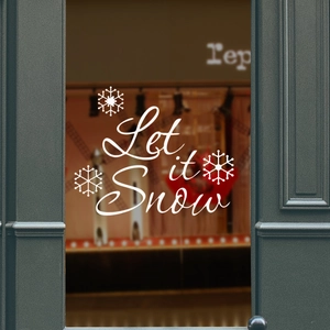 Let it Snow white window decals with snowflake designs for Christmas shop decoration