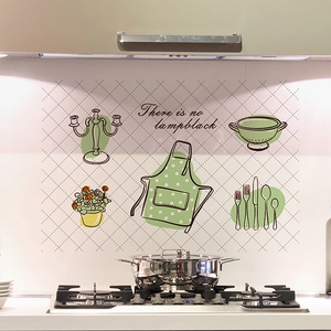 Kitchen oil-proof PET wall sticker with cutlery illustrations and diamond grid pattern