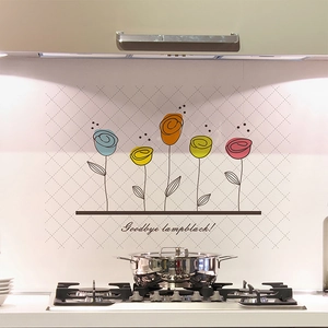 Détail de l'autocollant mural de cuisine en PET avec fleurs colorées et texte anti-huile