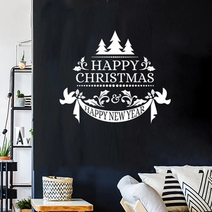 Minimalist white Christmas tree wall decal with Happy New Year text for home glass decor