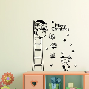 Cartoon Christmas wall sticker featuring Santa Claus climbing a ladder and a reindeer decor