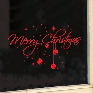 Detail view of red Merry Christmas window sticker with stars and hanging ball ornaments
