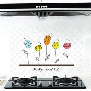 Sticker mural de cuisine anti-huile avec fleurs colorées et texte Goodbye Lampblack