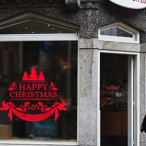 Festive red Christmas window sticker with trees and ribbons for shop decoration