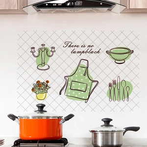 Kitchen oil-proof PET wall sticker with beige grid pattern and utensils illustration