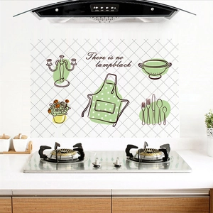 Detail view of PET kitchen backsplash sticker featuring hand-drawn utensils and apron