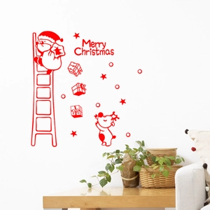 Red Merry Christmas wall stickers featuring Santa Claus and reindeer for home decoration
