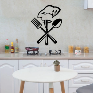 Adesivo da Parete Creativo Cappello da Cuoco Posate Per Cucina Ristorante Decorazione Nero PVC Impermeabile Rimovibile Fai Da Te