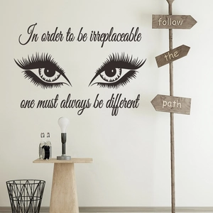 Sticker mural cils artistiques avec citation inspirante pour salon de beauté