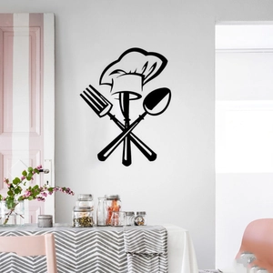 Adesivo murale moderno nero cappello da chef e posate per decorazione cucina e ristorante