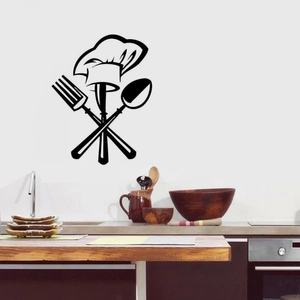 Adesivo murale creativo cappello da chef e posate nere per decoro cucina e ristorante