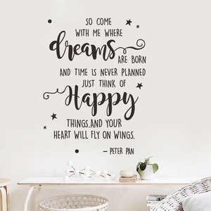 Detail showing the Peter Pan quote wall sticker with elegant stars and cursive font