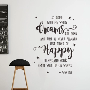Inspirational Peter Pan dreams quote vinyl wall decal with stars for home decor