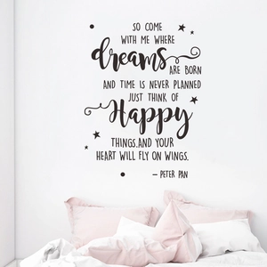 Peter Pan quote vinyl wall sticker with stars and black text for bedroom decor