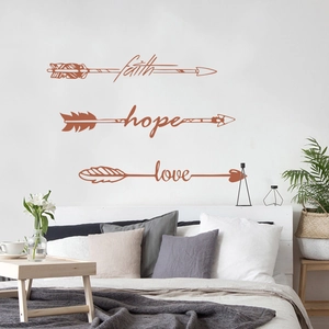 Boho style vinyl wall stickers featuring faith hope love arrows in terracotta color