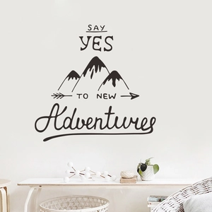 Minimalist mountain wall decal with 'Say Yes to New Adventures' text for home decor