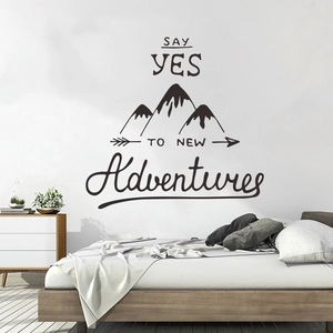 Minimalist mountain wall decal with Say Yes To New Adventures quote for bedroom decor