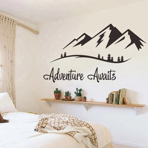 Adventure Awaits vinyl wall sticker with mountain range and pine forest silhouette design