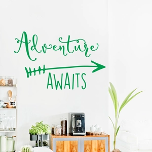 Green Adventure AWAITS wall decal with arrow graphic for modern interior home decor