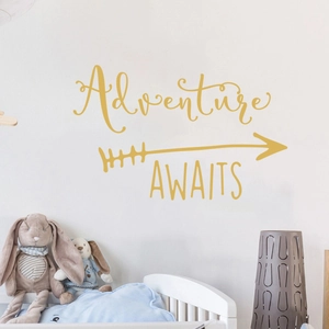 Adventure Awaits gold nursery wall decal with arrow design for kid bedroom decor