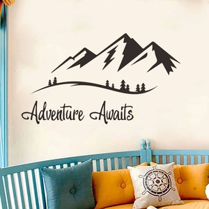 Adventure awaits black mountain vinyl wall decal with forest pine trees for home decor